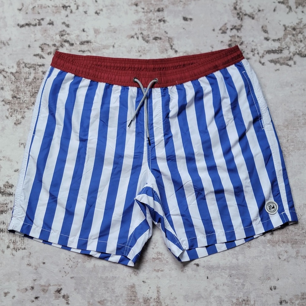 SURFCUZ Men's Swim Shorts XXL Blue White Vertical Stripe Red Waistband NWT New